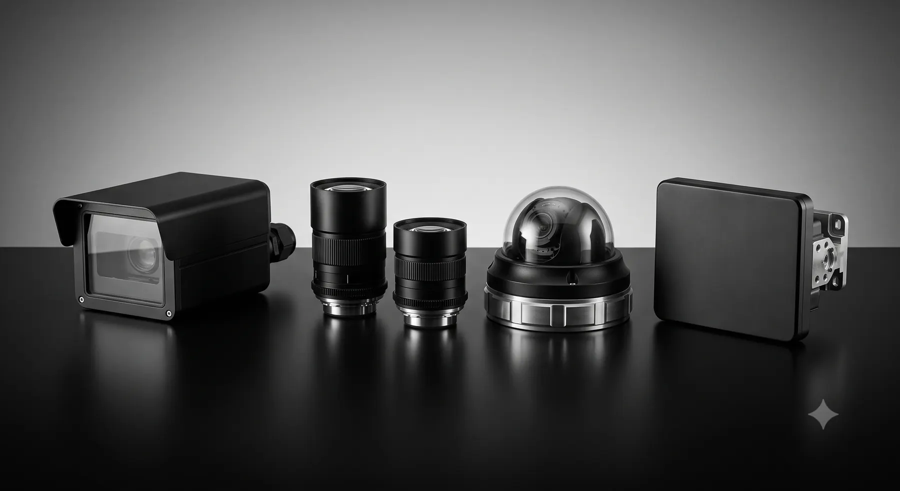 A housed camera with sunshield, two lens assemblies, a dome camera and a sealed enclosure