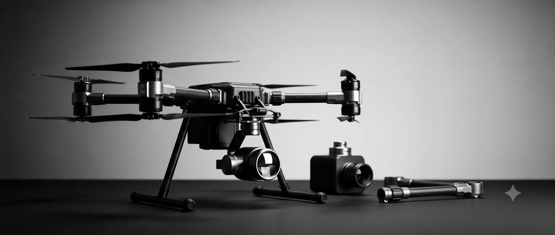 A quadrotor platform with carbon-fibre arms and a gimballed camera, beside a payload module and a spare arm assembly