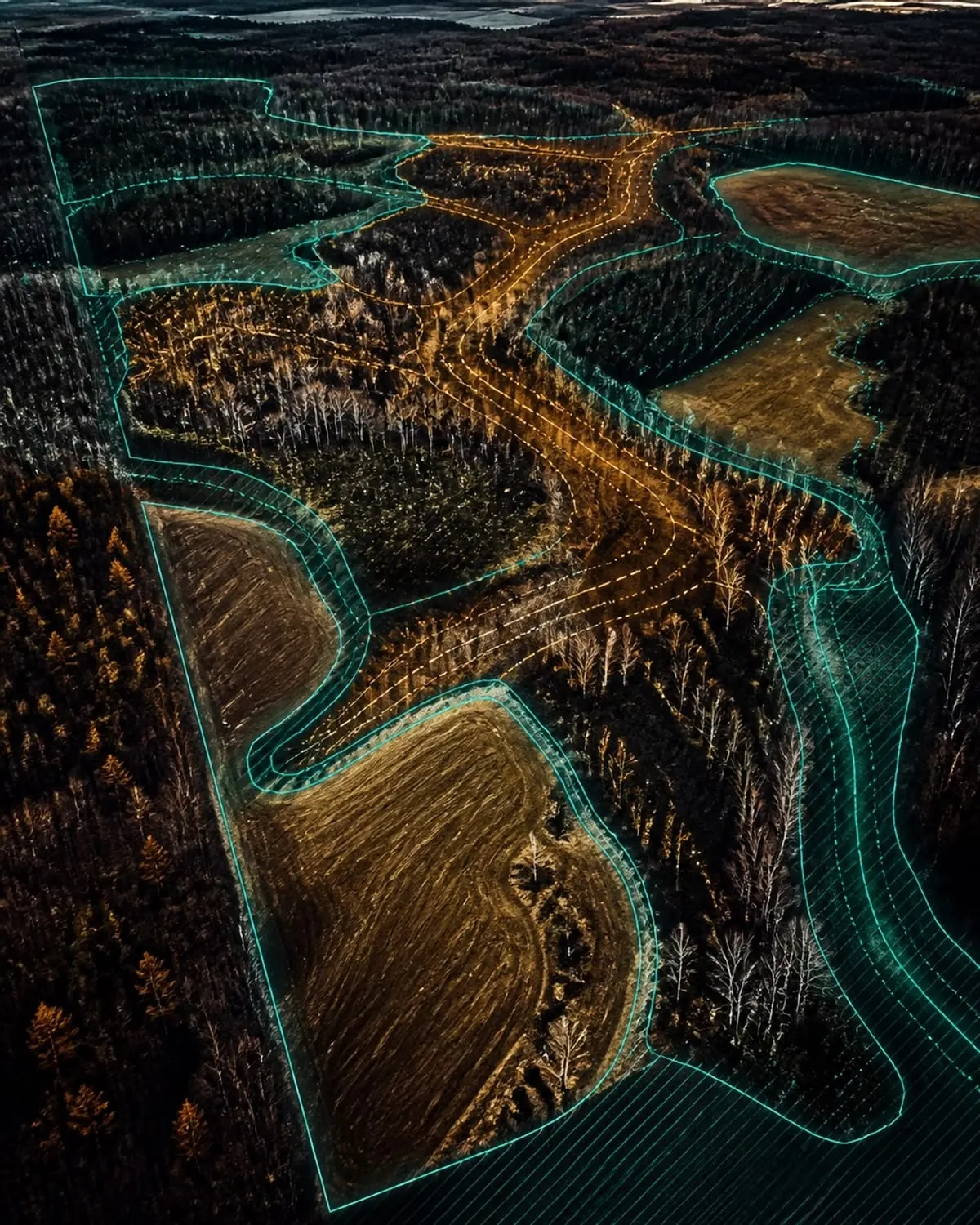 Aerial view of forest and cleared land with machine-drawn boundaries and route lines overlaid on the terrain