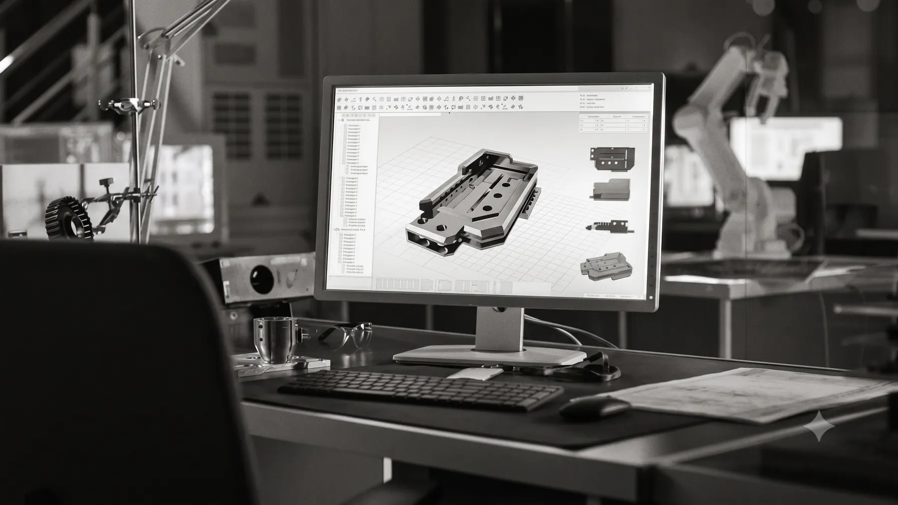 A CAD workstation with a machined fixture model open on screen