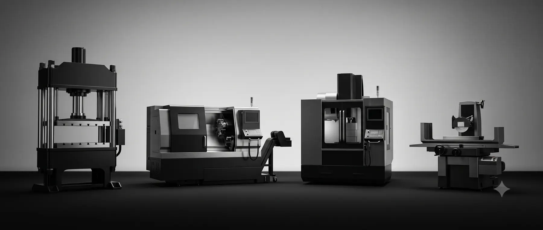 Studio lineup of the machine types on the floor — hydraulic press, CNC turning centre, vertical machining centre and surface grinder