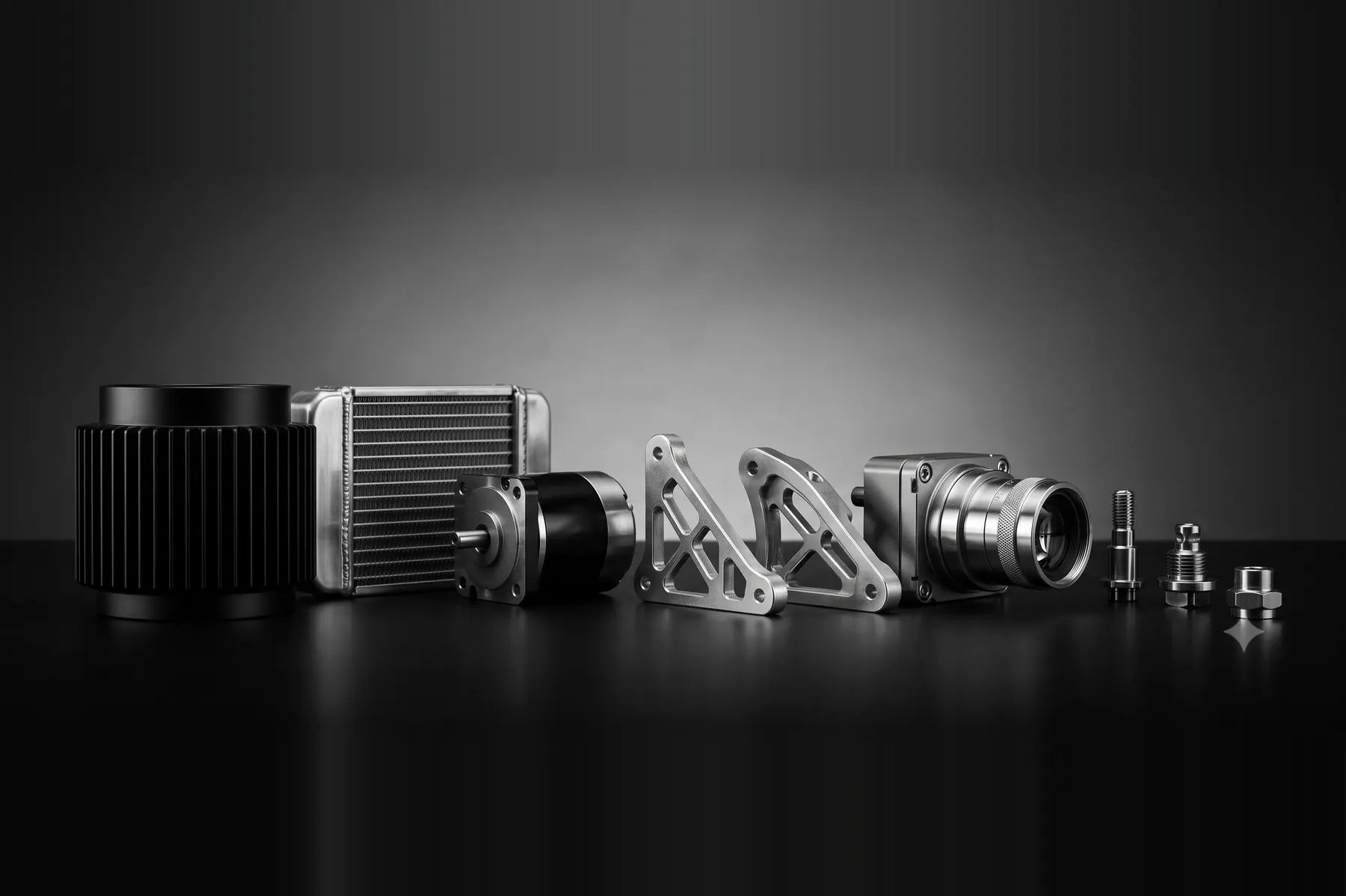 Components across thermal, mechatronic, optical and structural work — heat exchanger, radiator core, actuator, machined brackets, an optical assembly and turned fasteners