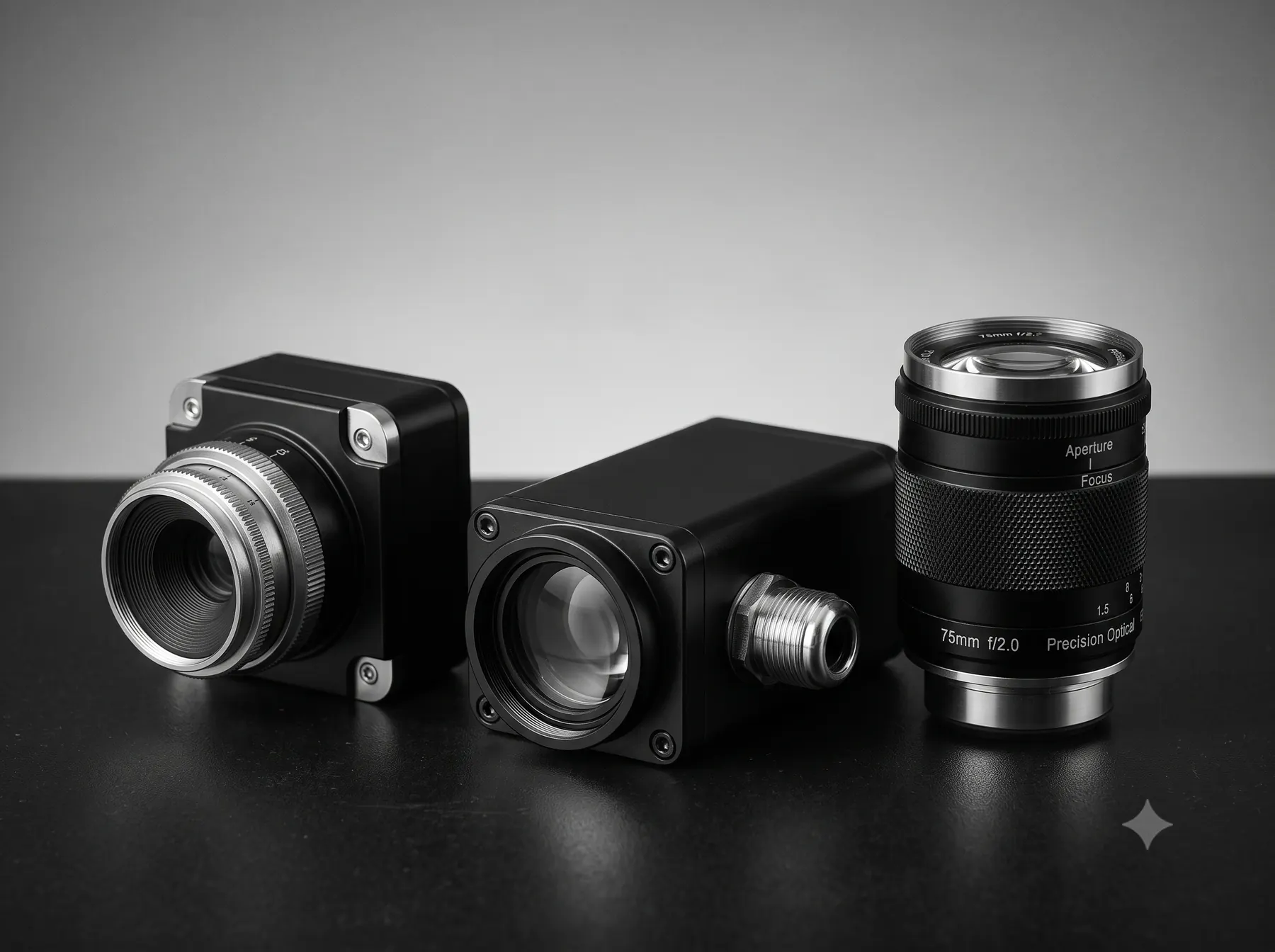 Machine-vision camera housings and a lens assembly